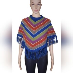 Tejidos Camila women's multi striped alpaca fringed made in Peru Poncho OS